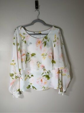 Marc New York White Sheer Floral Layered Blouse with Pink and Green